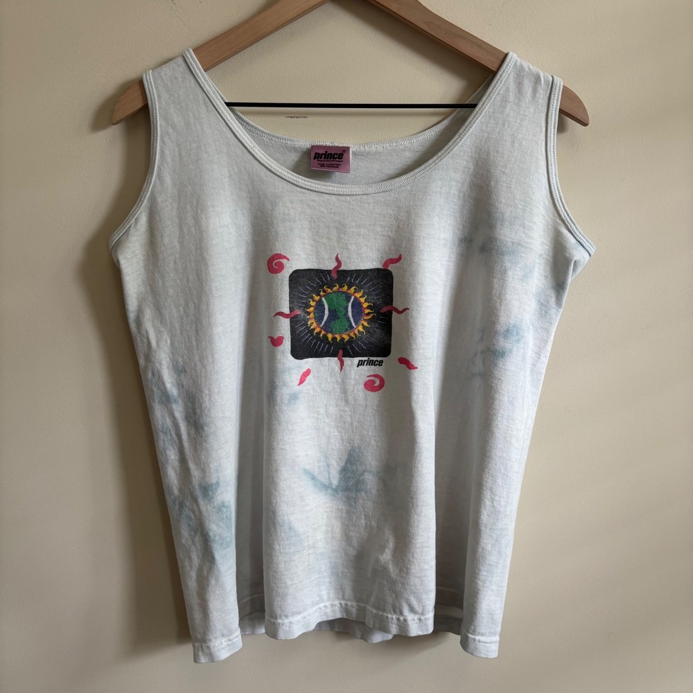 Vintage Prince Sportswear Tennis Graphic Tank Top White Blue Tie Dye Made in USA
